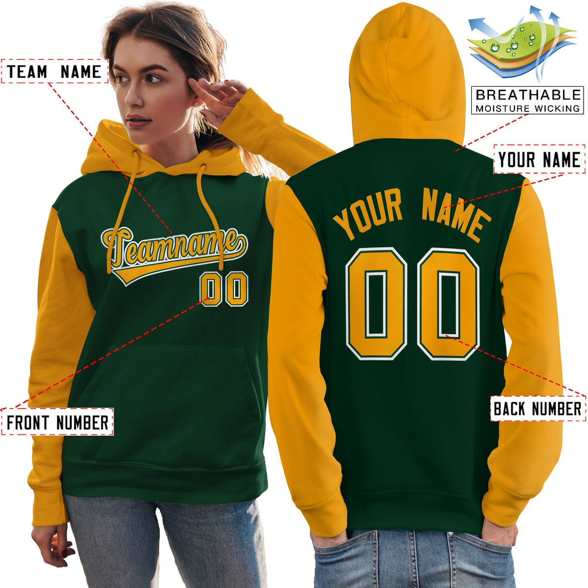 Custom Green Gold-White Raglan Sleeves Pullover Personalized Team Sweatshirt Hoodie| KXKSHOP
