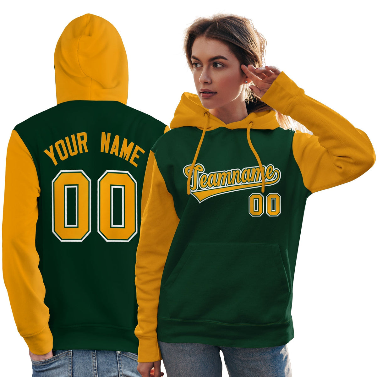 Custom Green Gold-White Raglan Sleeves Pullover Personalized Team Sweatshirt Hoodie| KXKSHOP