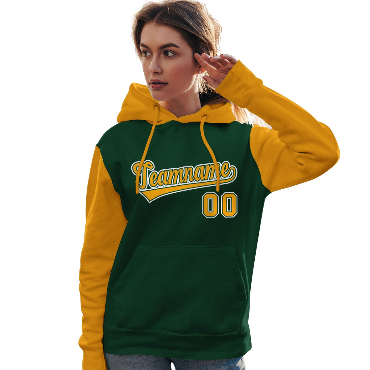 Custom Green Gold-White Raglan Sleeves Pullover Personalized Team Sweatshirt Hoodie| KXKSHOP