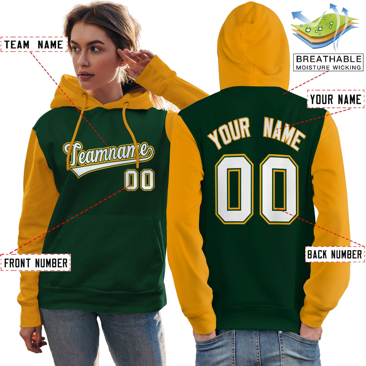 Custom Green White-Gold Raglan Sleeves Pullover Personalized Team Sweatshirt Hoodie| KXKSHOP