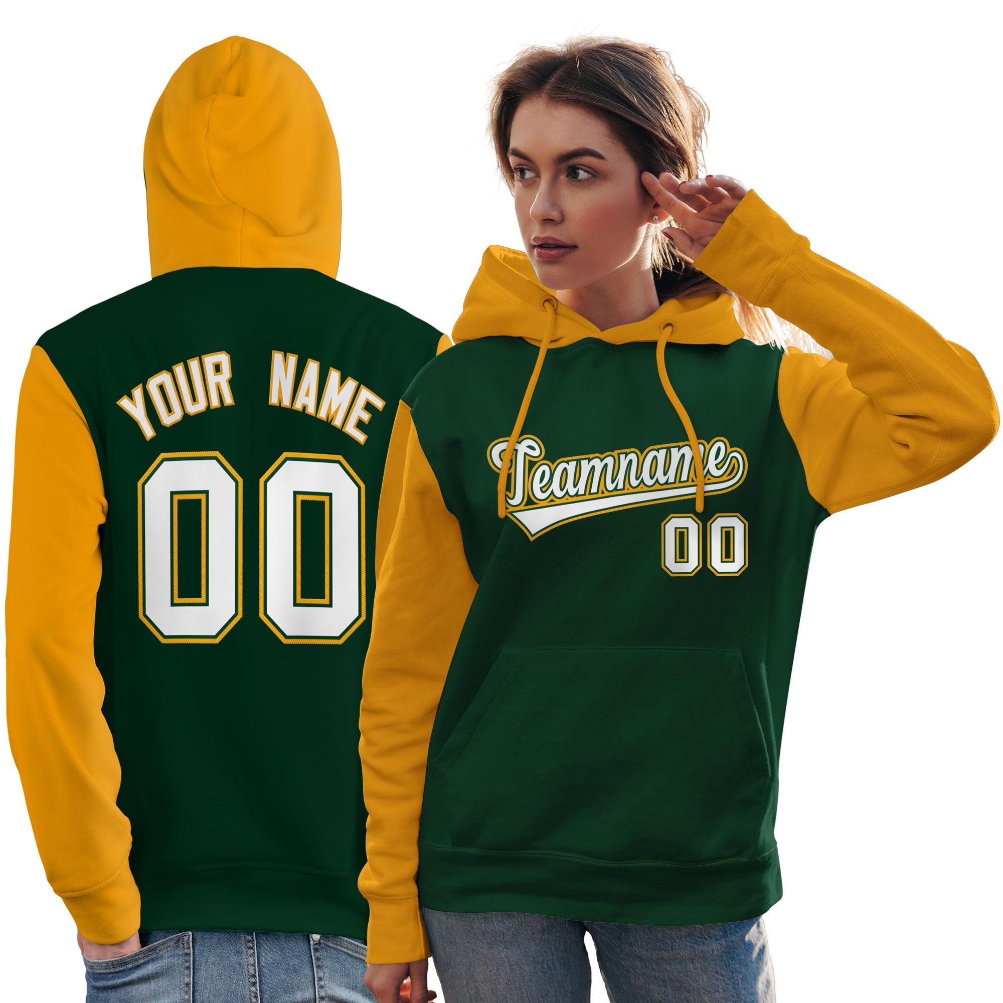 Custom Green White-Gold Raglan Sleeves Pullover Personalized Team Sweatshirt Hoodie| KXKSHOP