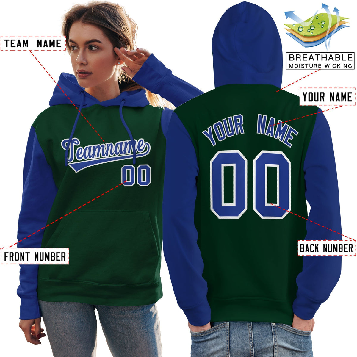 Custom Green Royal-White Raglan Sleeves Pullover Personalized Team Sweatshirt Hoodie| KXKSHOP