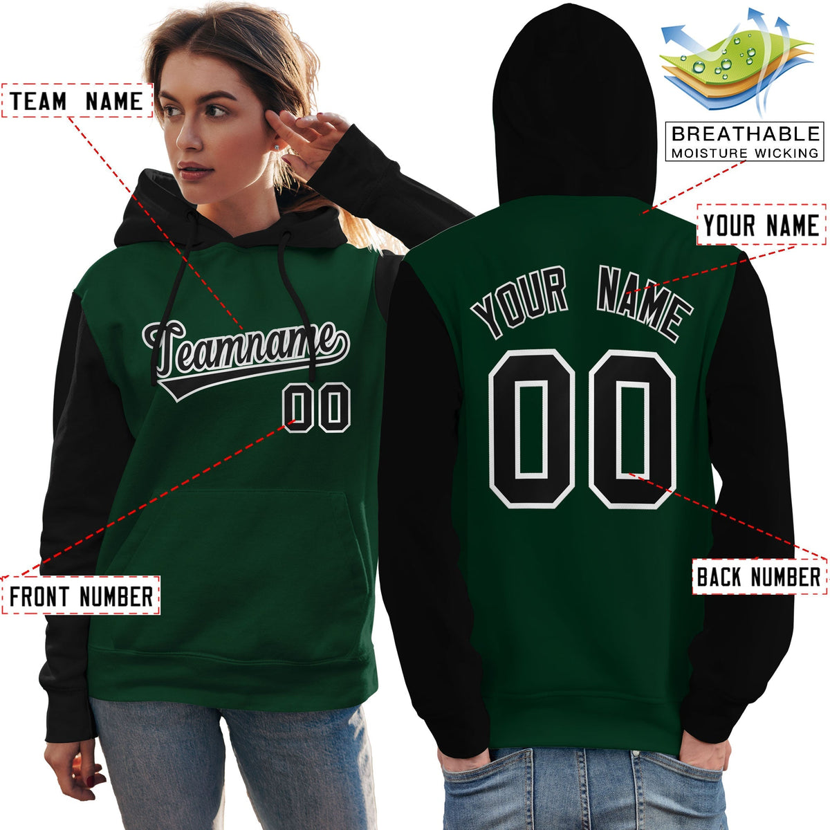 Custom Green Black-White Raglan Sleeves Pullover Personalized Team Sweatshirt Hoodie| KXKSHOP