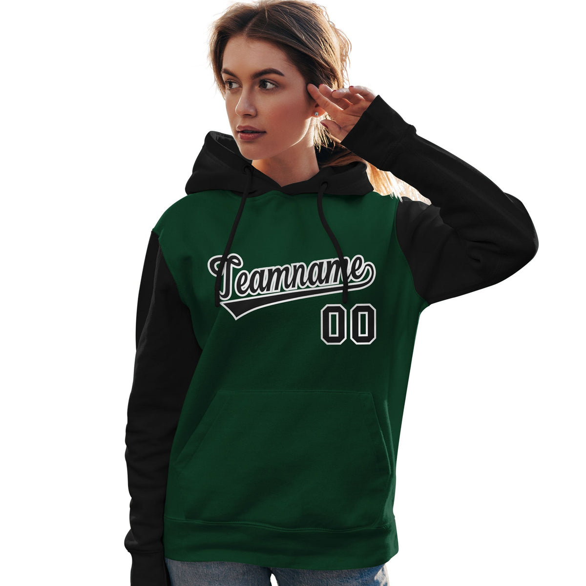 Custom Green Black-White Raglan Sleeves Pullover Personalized Team Sweatshirt Hoodie| KXKSHOP