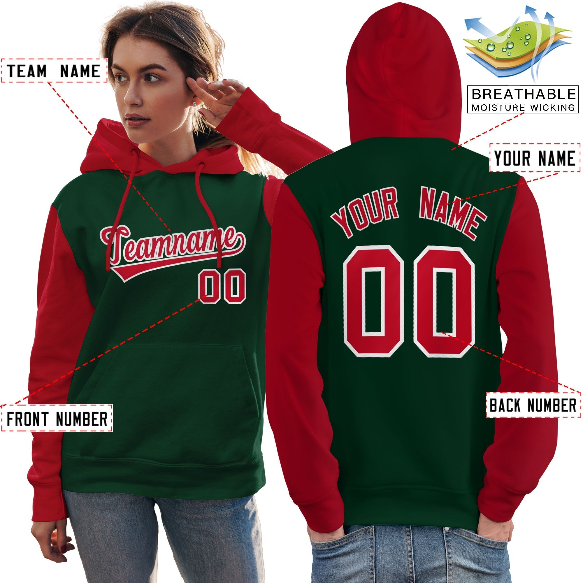 Custom Green Red-White Raglan Sleeves Pullover Personalized Team Sweatshirt Hoodie| KXKSHOP