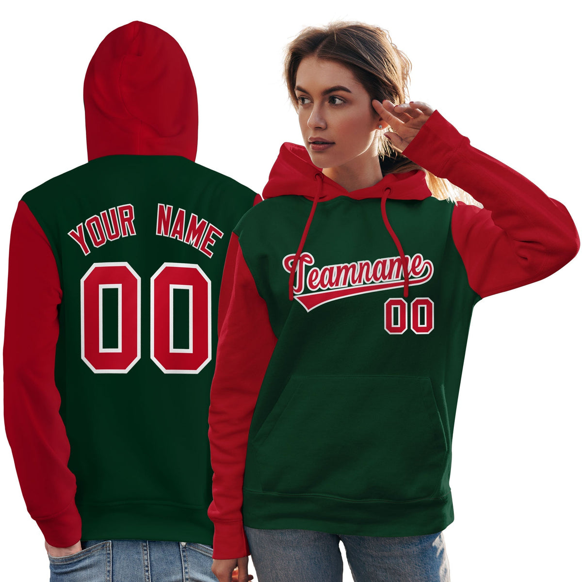 Custom Green Red-White Raglan Sleeves Pullover Personalized Team Sweatshirt Hoodie| KXKSHOP