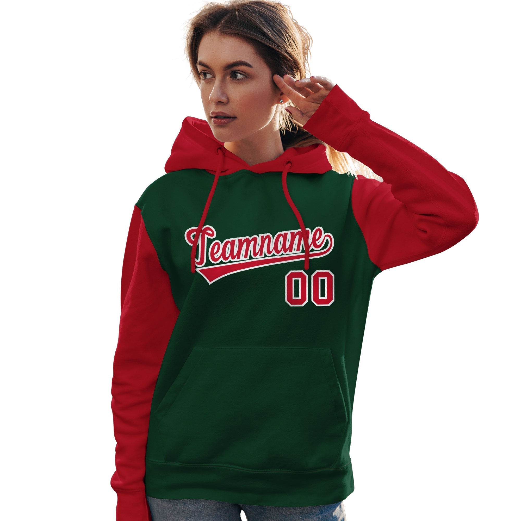 Custom Green Red-White Raglan Sleeves Pullover Personalized Team Sweatshirt Hoodie| KXKSHOP