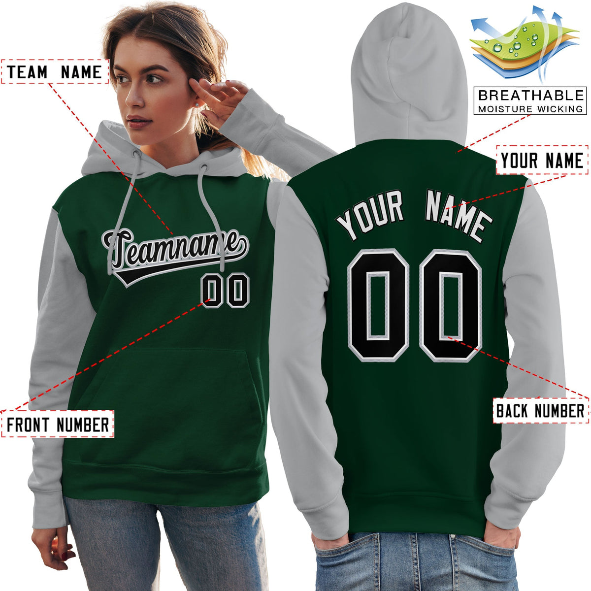 Custom Green Black-Gray Raglan Sleeves Pullover Personalized Team Sweatshirt Hoodie| KXKSHOP