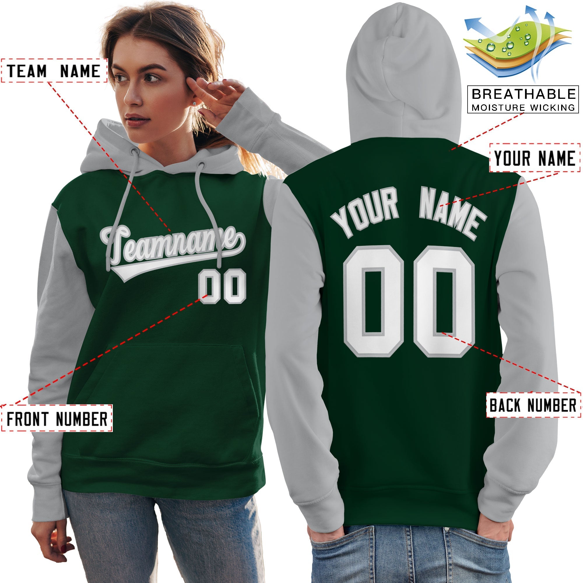 Custom Green White-Gray Raglan Sleeves Pullover Personalized Team Sweatshirt Hoodie| KXKSHOP