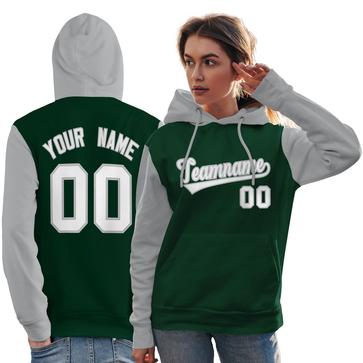Custom Green White-Gray Raglan Sleeves Pullover Personalized Team Sweatshirt Hoodie| KXKSHOP