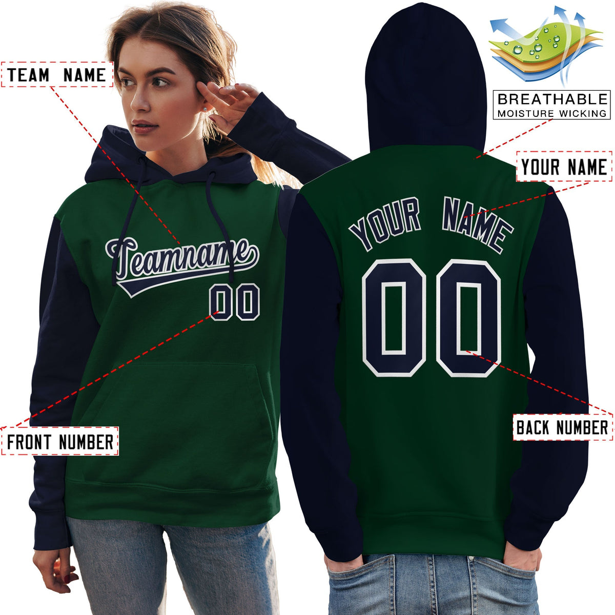 Custom Green Navy-White Raglan Sleeves Pullover Personalized Team Sweatshirt Hoodie| KXKSHOP