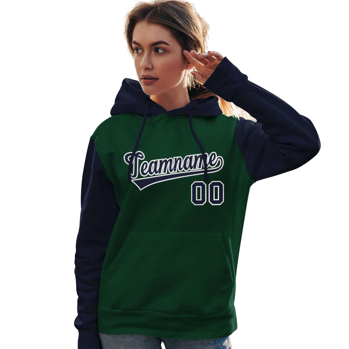 Custom Green Navy-White Raglan Sleeves Pullover Personalized Team Sweatshirt Hoodie| KXKSHOP