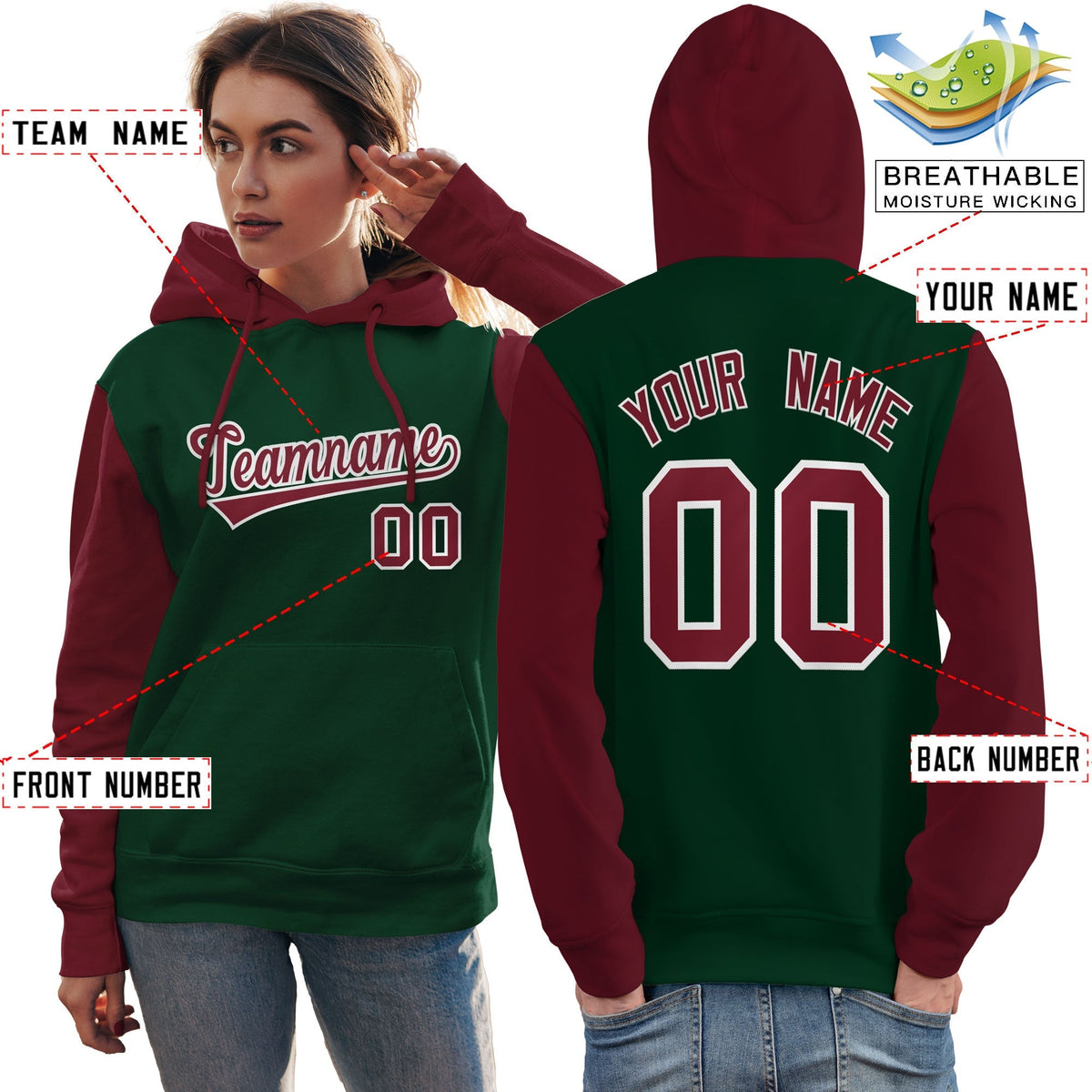 Custom Green Crimson-White Raglan Sleeves Pullover Personalized Team Sweatshirt Hoodie| KXKSHOP