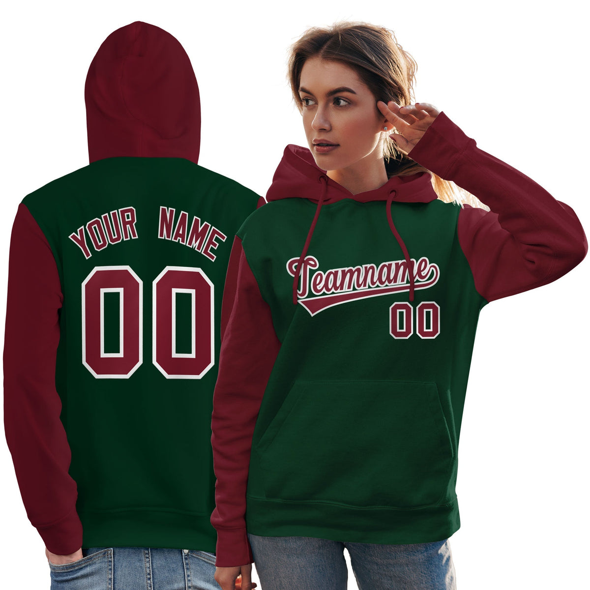 Custom Green Crimson-White Raglan Sleeves Pullover Personalized Team Sweatshirt Hoodie| KXKSHOP