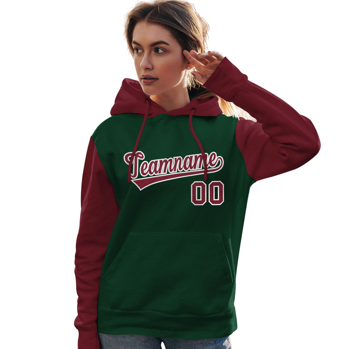 Custom Green Crimson-White Raglan Sleeves Pullover Personalized Team Sweatshirt Hoodie| KXKSHOP