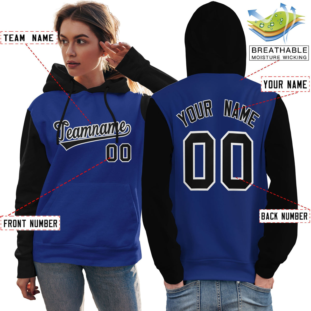 Custom Royal Black-White Raglan Sleeves Pullover Personalized Team Sweatshirt Hoodie| KXKSHOP
