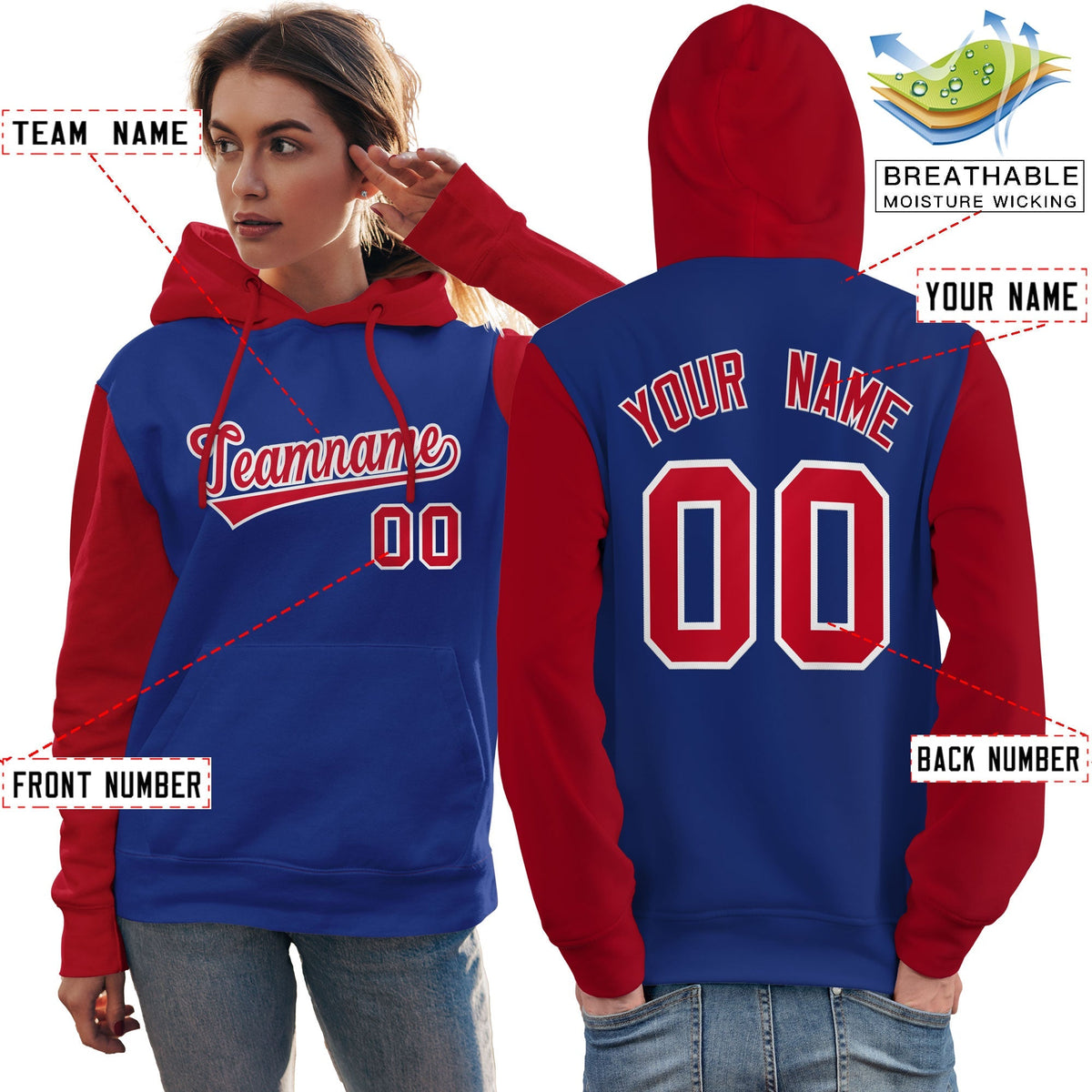 Custom Royal Red-White Raglan Sleeves Pullover Personalized Team Sweatshirt Hoodie| KXKSHOP