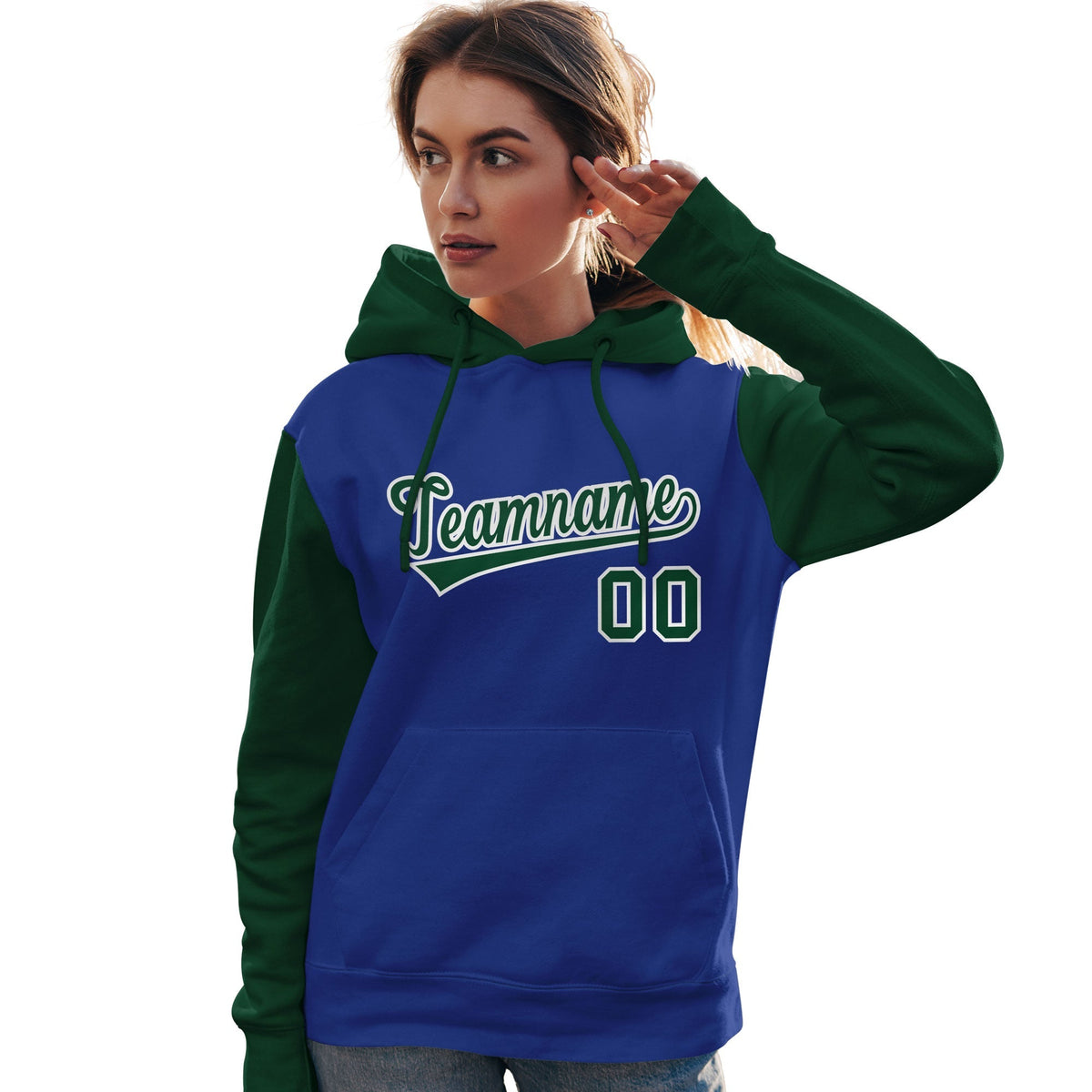Custom Royal Green-White Raglan Sleeves Pullover Personalized Team Sweatshirt Hoodie| KXKSHOP