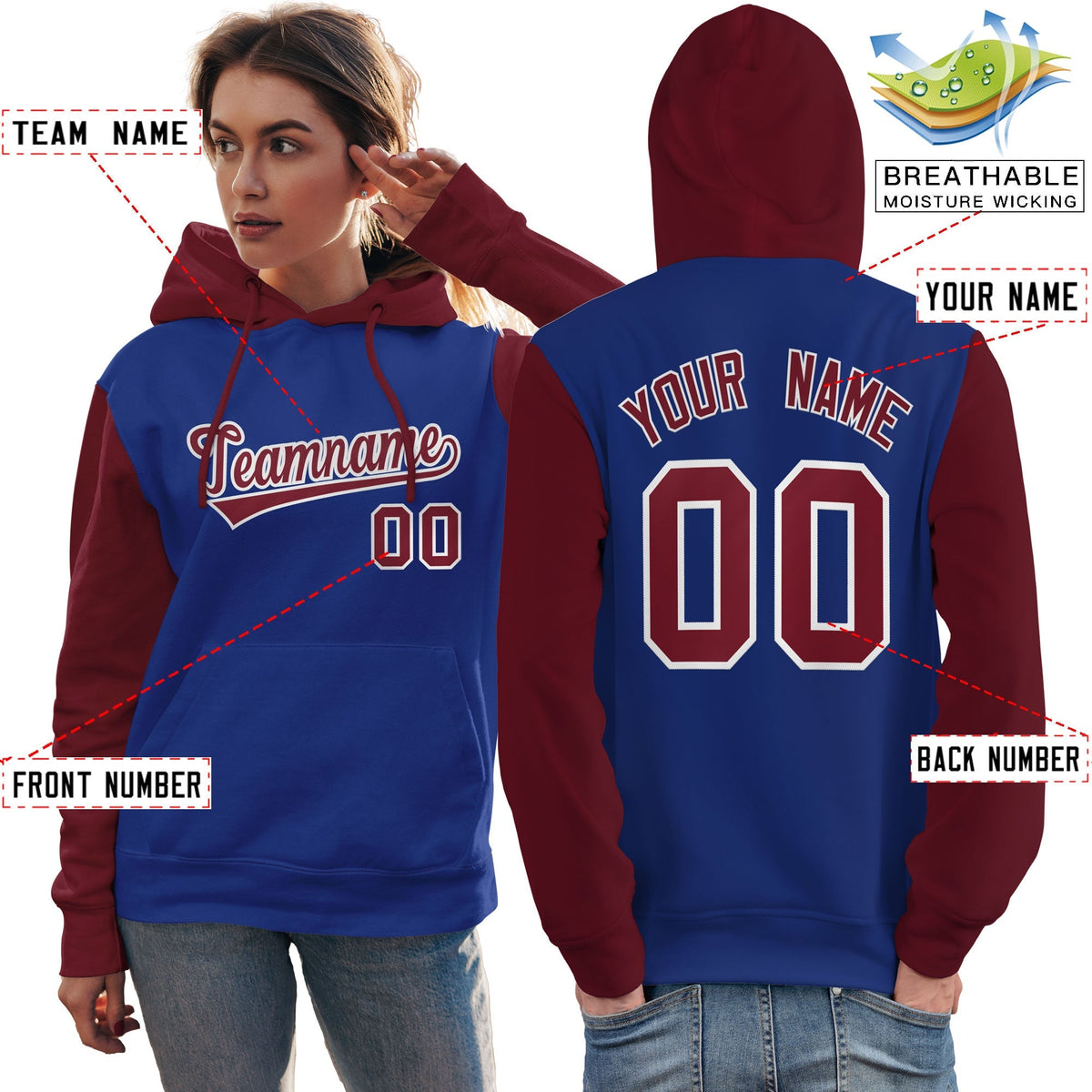 Custom Royal Crimson-White Raglan Sleeves Pullover Personalized Team Sweatshirt Hoodie| KXKSHOP