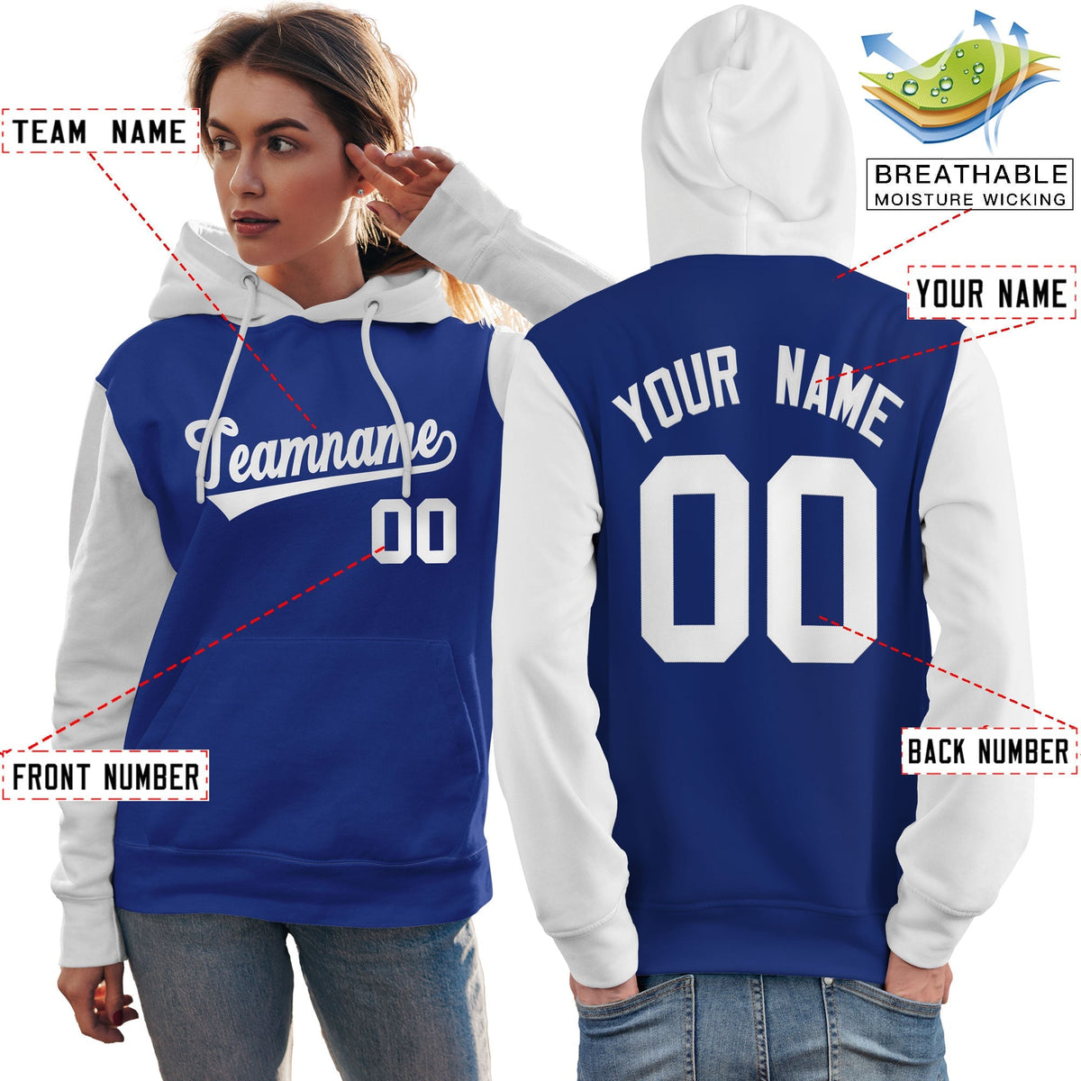 Custom Royal White Raglan Sleeves Pullover Personalized Team Sweatshirt Hoodie| KXKSHOP
