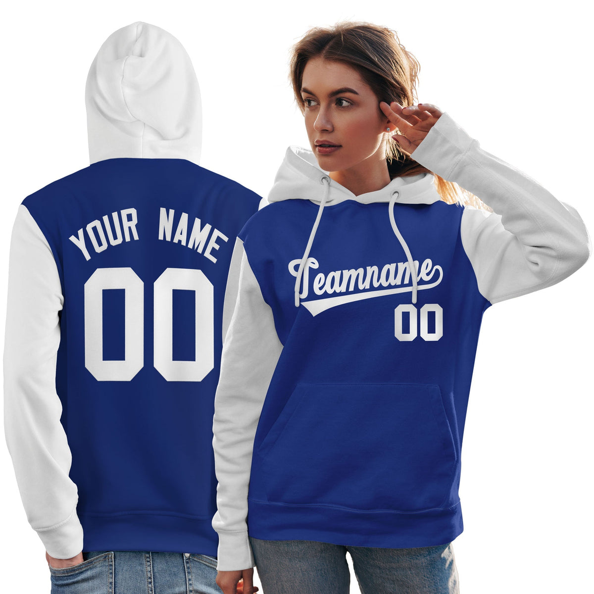Custom Royal White Raglan Sleeves Pullover Personalized Team Sweatshirt Hoodie| KXKSHOP