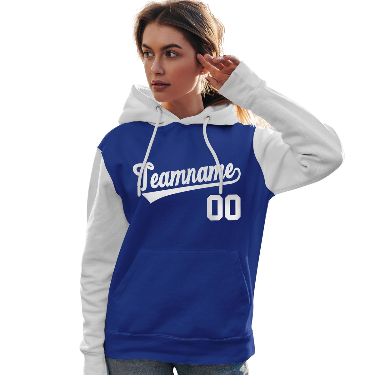 Custom Royal White Raglan Sleeves Pullover Personalized Team Sweatshirt Hoodie| KXKSHOP