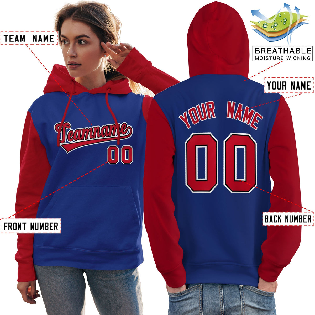 Custom Royal Red-White Raglan Sleeves Pullover Personalized Team Sweatshirt Hoodie| KXKSHOP