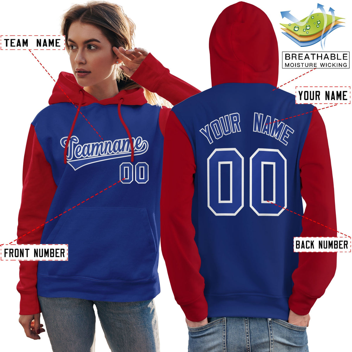 Custom Royal White-Red Raglan Sleeves Pullover Personalized Team Sweatshirt Hoodie| KXKSHOP