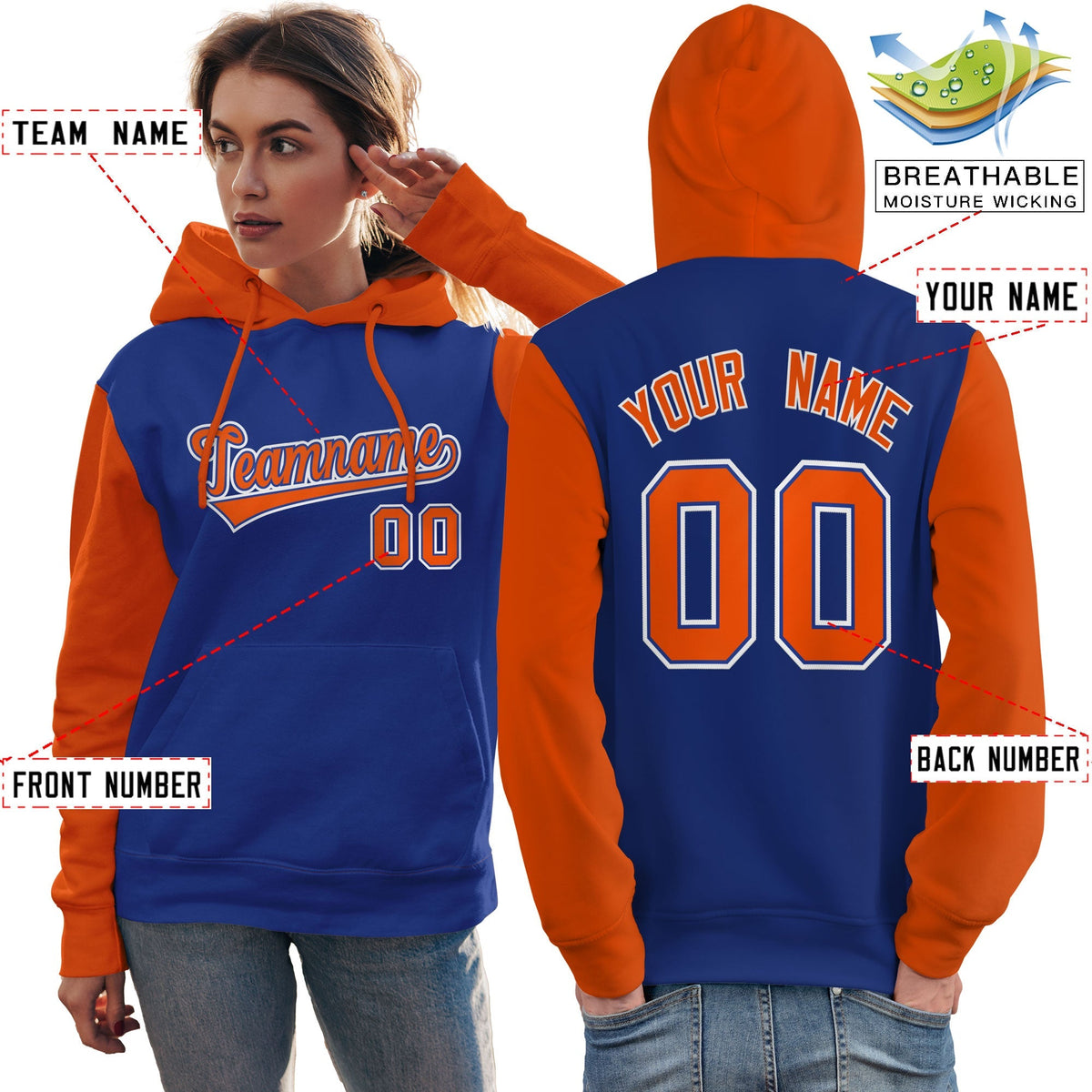 Custom Royal Orange-White Raglan Sleeves Pullover Personalized Team Sweatshirt Hoodie| KXKSHOP