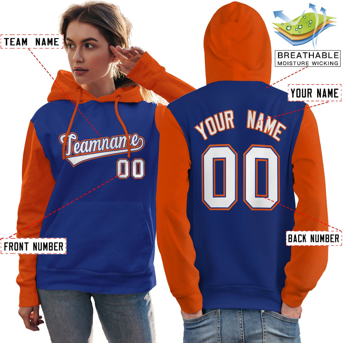 Custom Royal White-Orange Raglan Sleeves Pullover Personalized Team Sweatshirt Hoodie| KXKSHOP