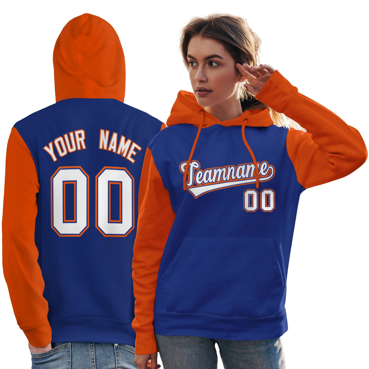 Custom Royal White-Orange Raglan Sleeves Pullover Personalized Team Sweatshirt Hoodie| KXKSHOP