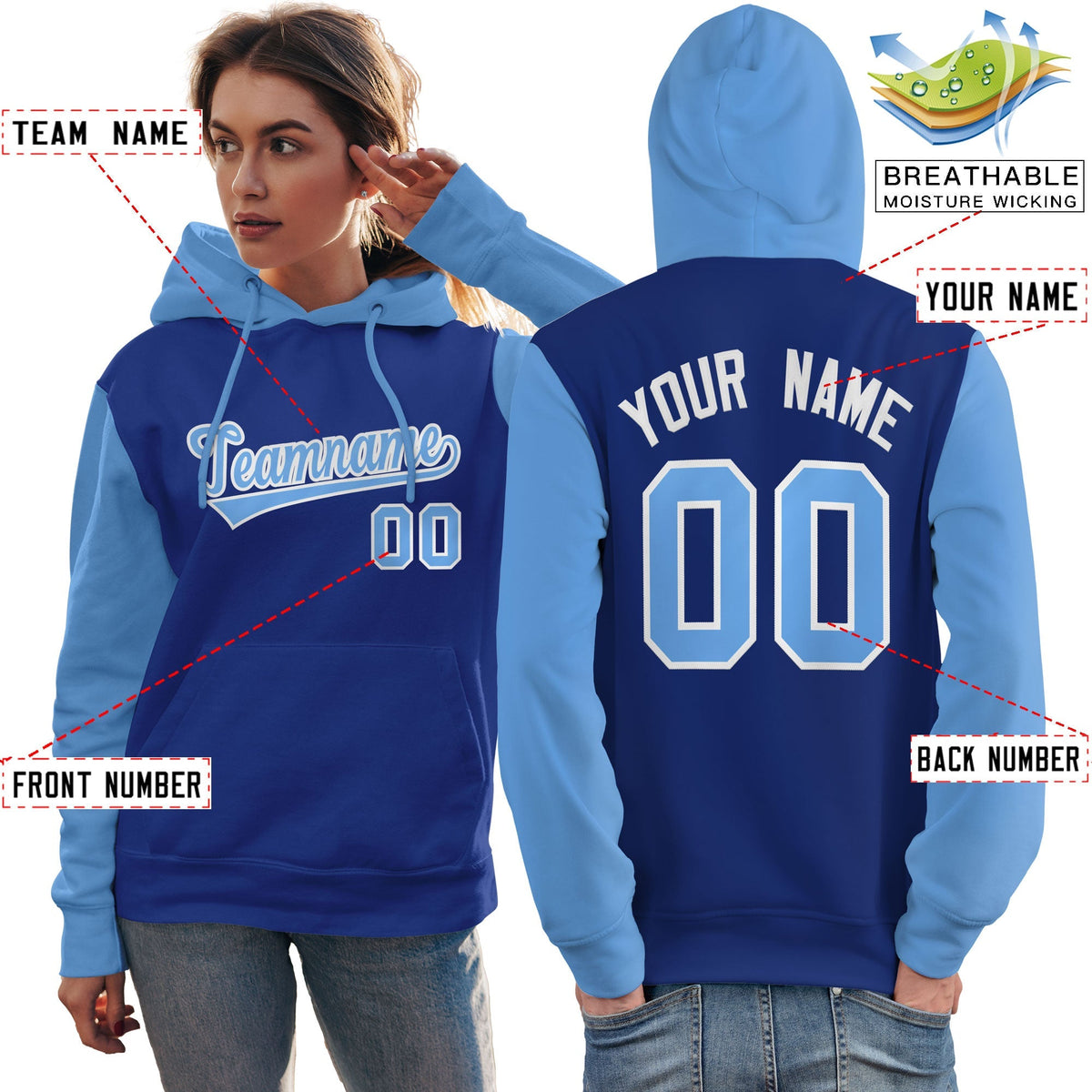 Custom Royal Light Blue-White Raglan Sleeves Pullover Personalized Team Sweatshirt Hoodie| KXKSHOP