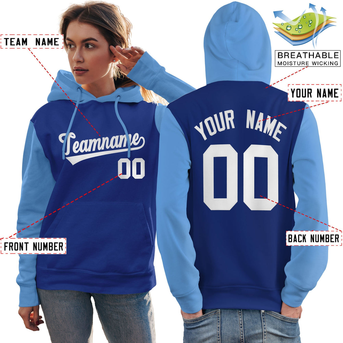 Custom Royal White-Light Blue Raglan Sleeves Pullover Personalized Team Sweatshirt Hoodie| KXKSHOP