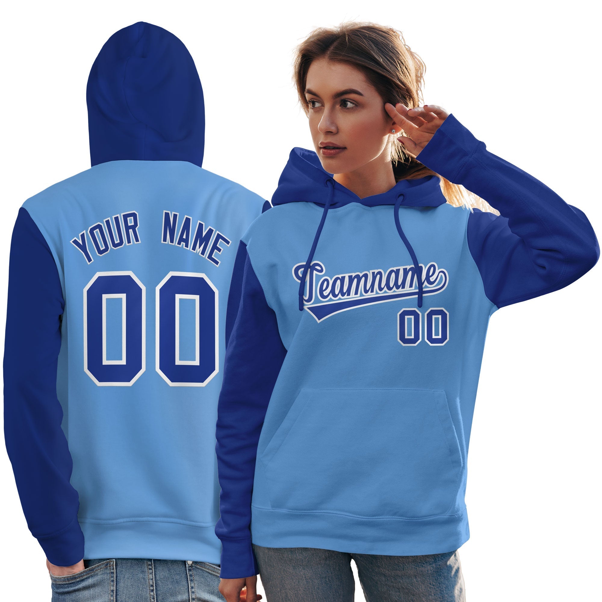 Custom Light Blue Royal-White Raglan Sleeves Pullover Personalized Team Sweatshirt Hoodie| KXKSHOP