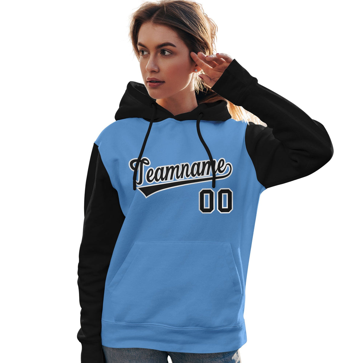 Custom Light Blue Black-White Raglan Sleeves Pullover Personalized Team Sweatshirt Hoodie| KXKSHOP
