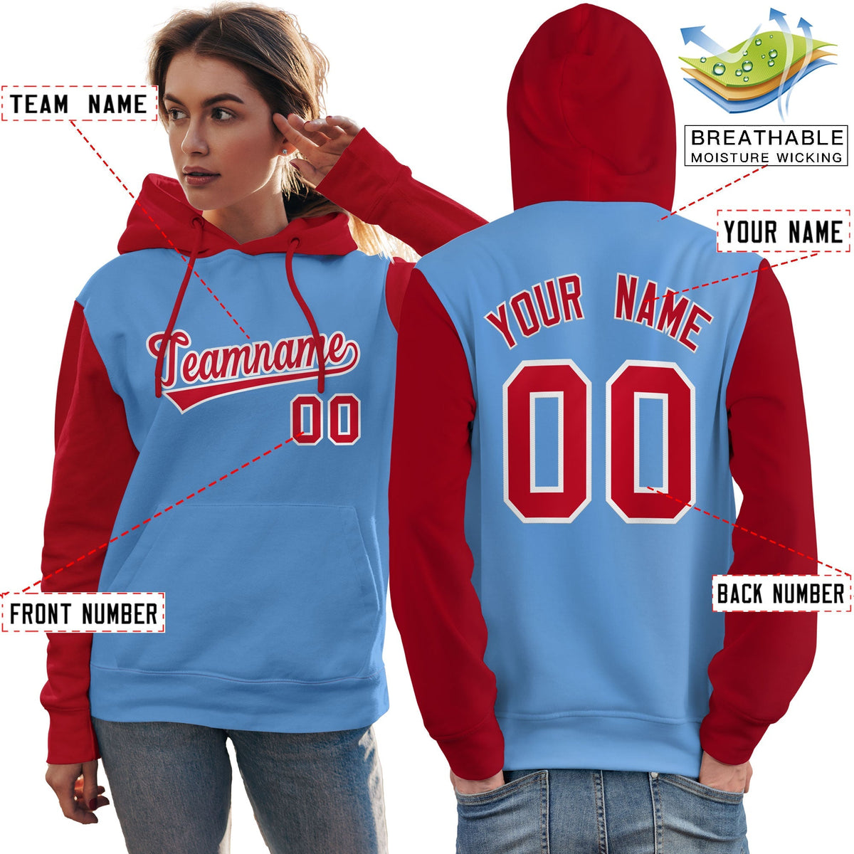 Custom Light Blue Red-White Raglan Sleeves Pullover Personalized Team Sweatshirt Hoodie| KXKSHOP