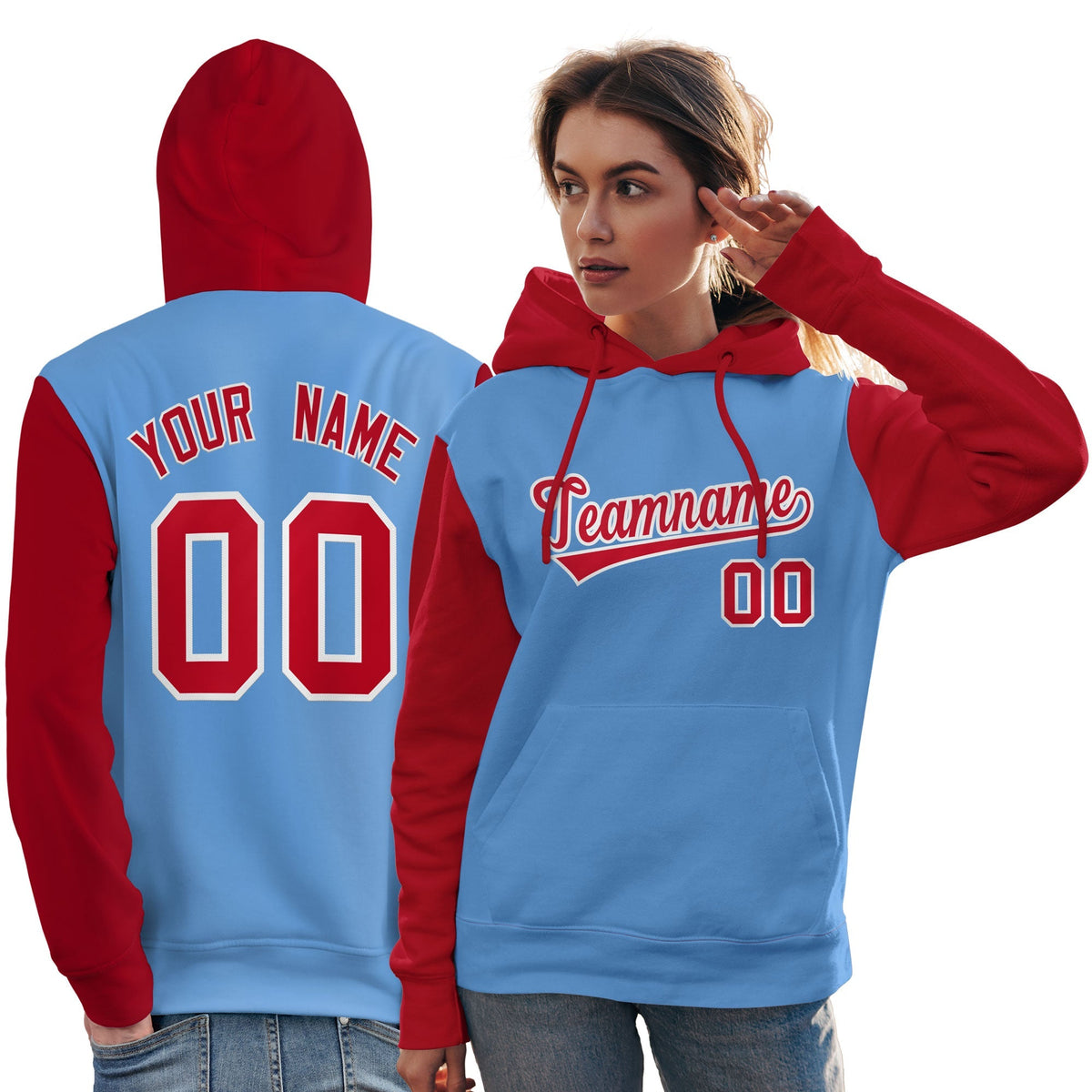 Custom Light Blue Red-White Raglan Sleeves Pullover Personalized Team Sweatshirt Hoodie| KXKSHOP