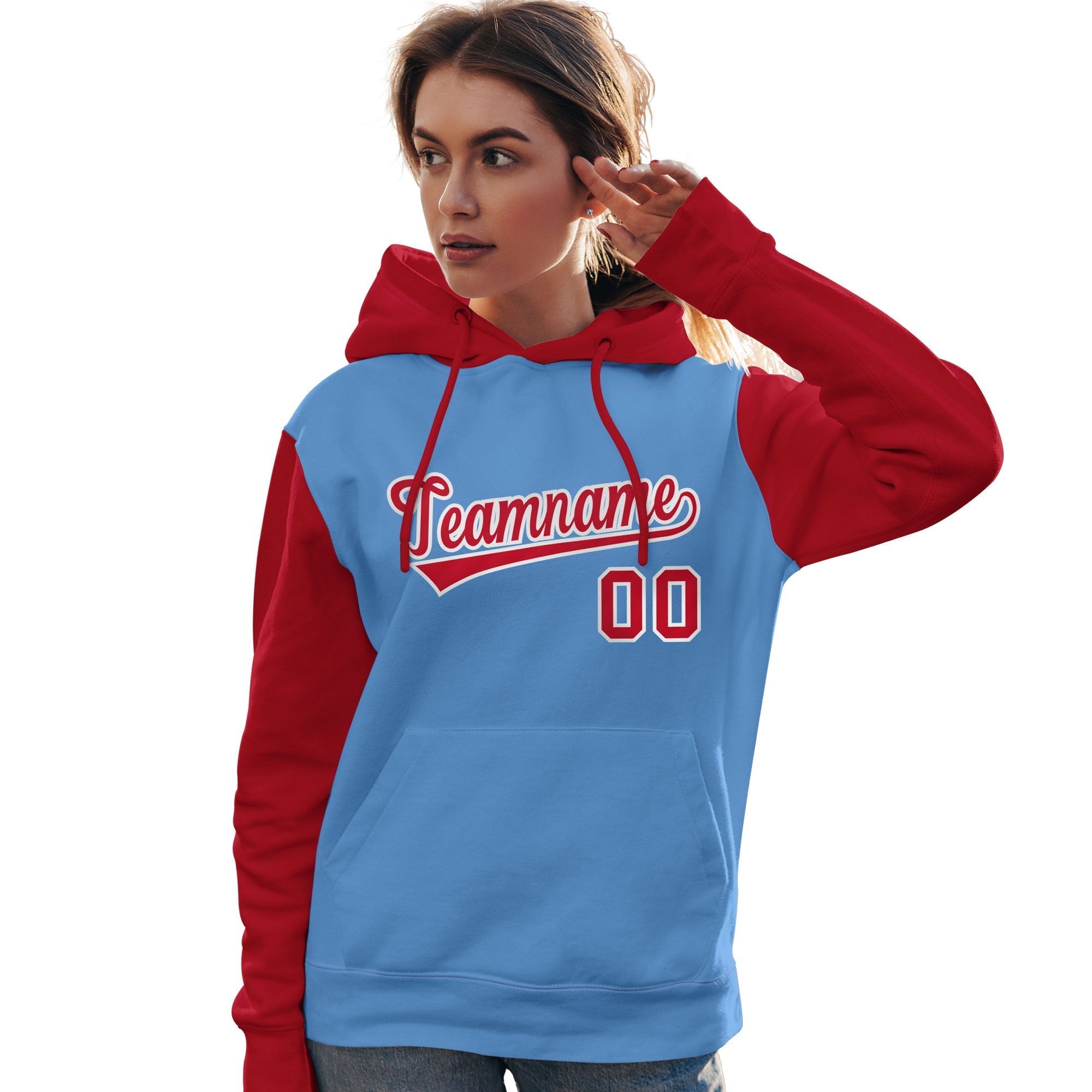 Custom Light Blue Red-White Raglan Sleeves Pullover Personalized Team Sweatshirt Hoodie| KXKSHOP