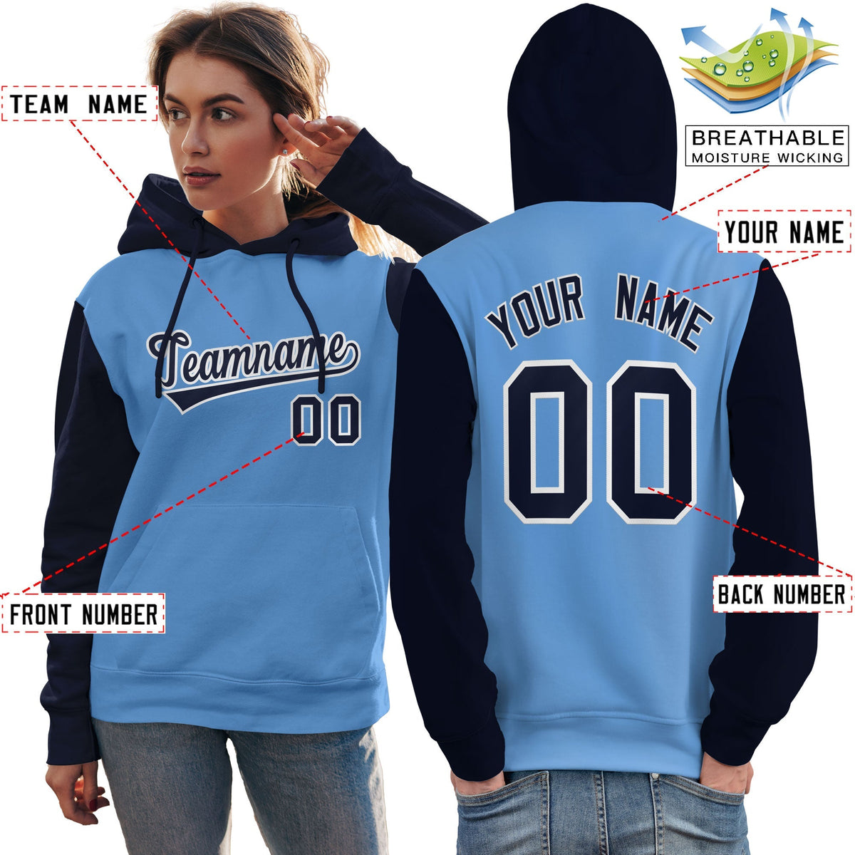 Custom Light Blue Navy-White Raglan Sleeves Pullover Personalized Team Sweatshirt Hoodie| KXKSHOP