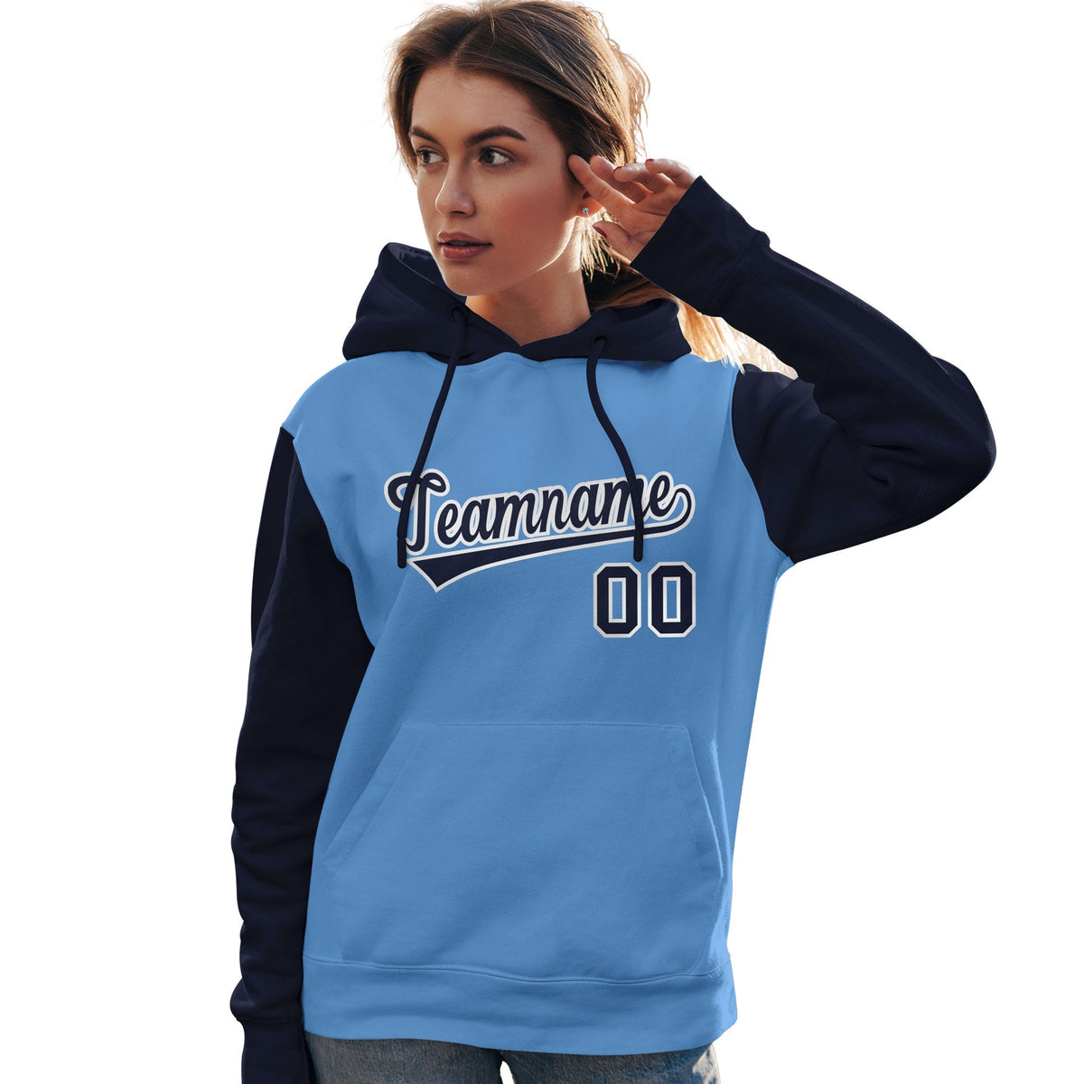 Custom Light Blue Navy-White Raglan Sleeves Pullover Personalized Team Sweatshirt Hoodie| KXKSHOP