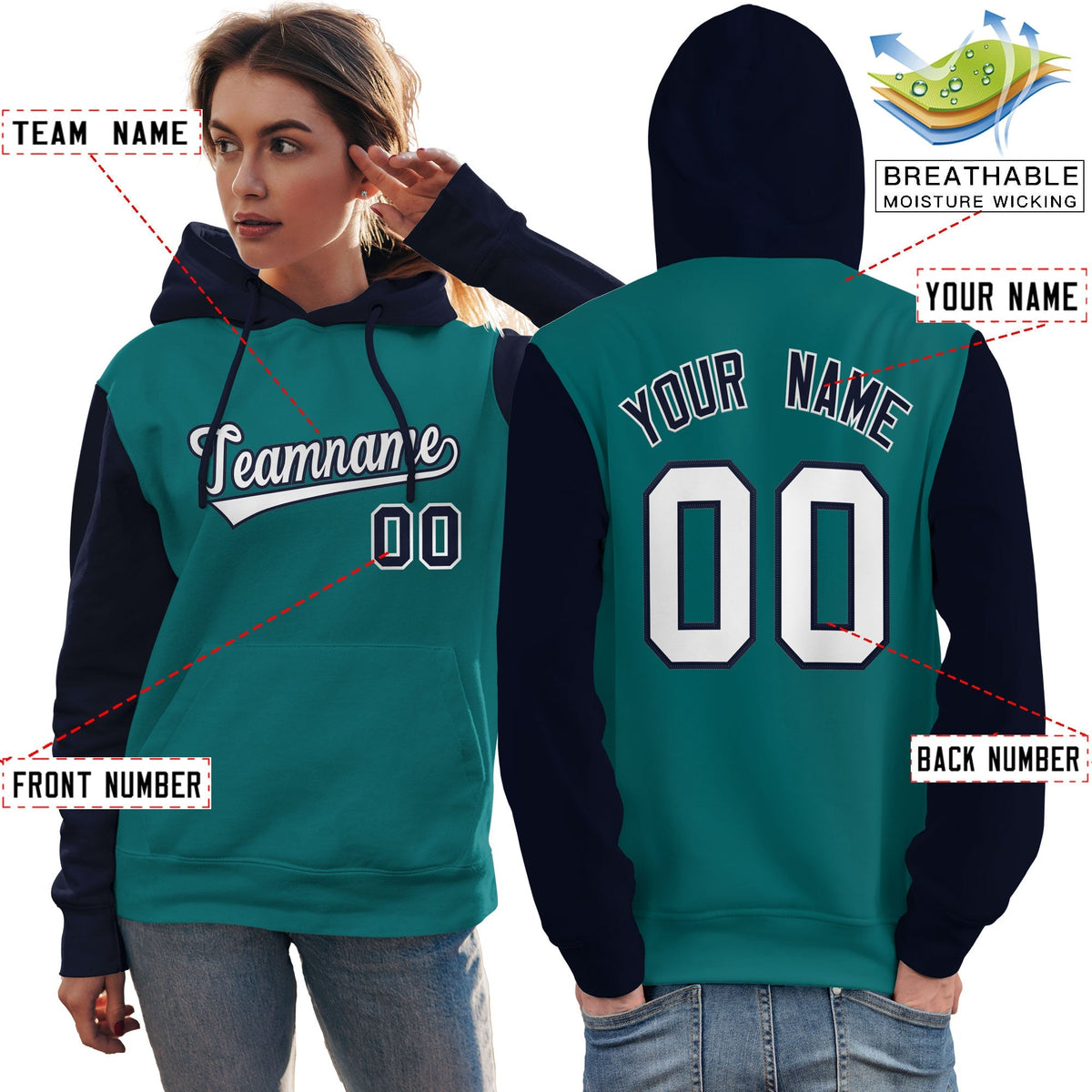 Custom Aqua White-Navy Raglan Sleeves Pullover Personalized Team Sweatshirt Hoodie| KXKSHOP