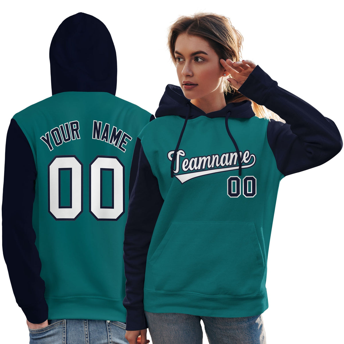 Custom Aqua White-Navy Raglan Sleeves Pullover Personalized Team Sweatshirt Hoodie| KXKSHOP