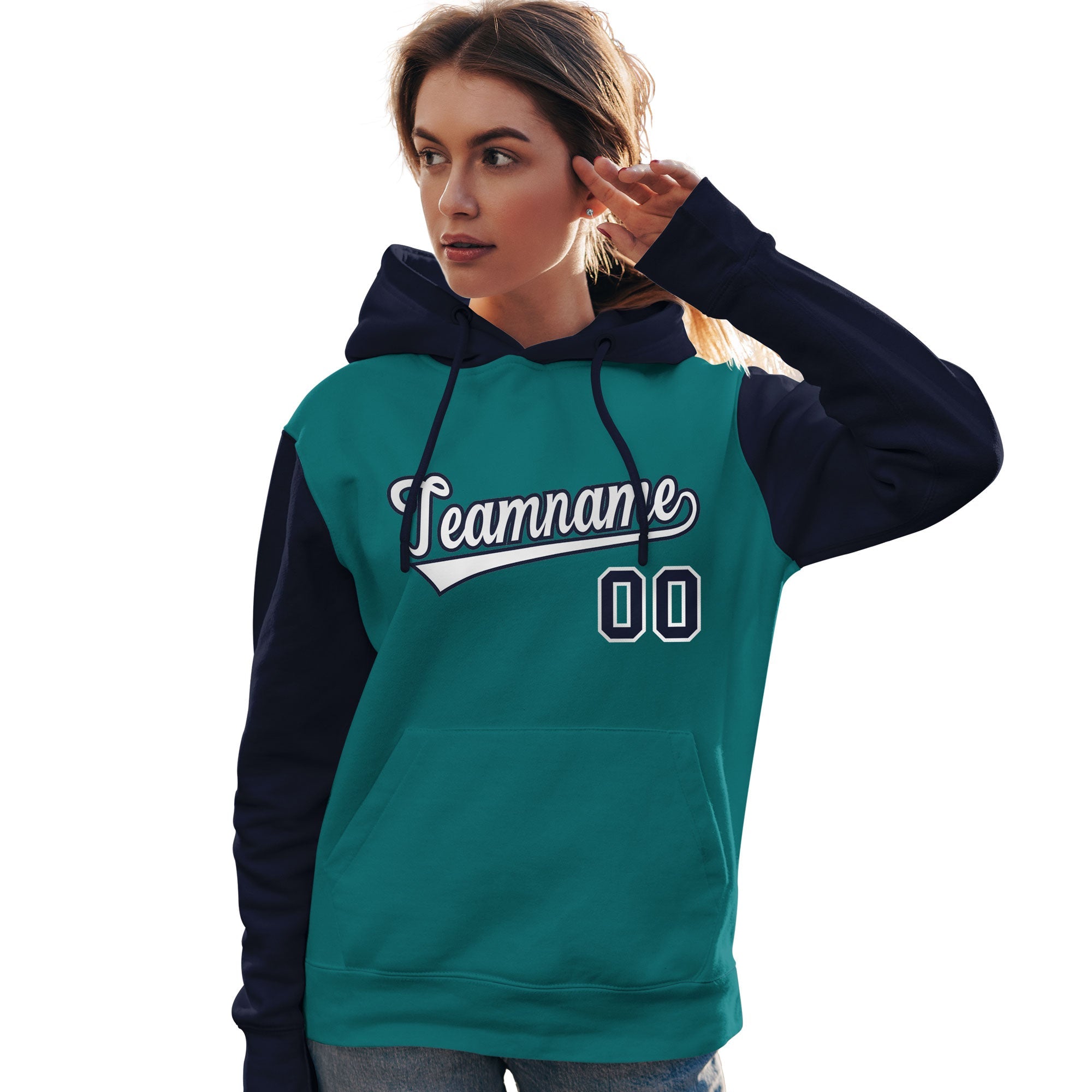Custom Aqua White-Navy Raglan Sleeves Pullover Personalized Team Sweatshirt Hoodie| KXKSHOP