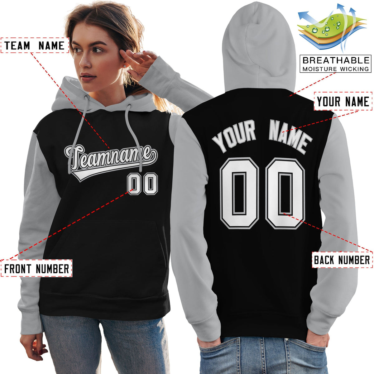 Custom Black White-Gray Raglan Sleeves Pullover Personalized Team Sweatshirt Hoodie| KXKSHOP