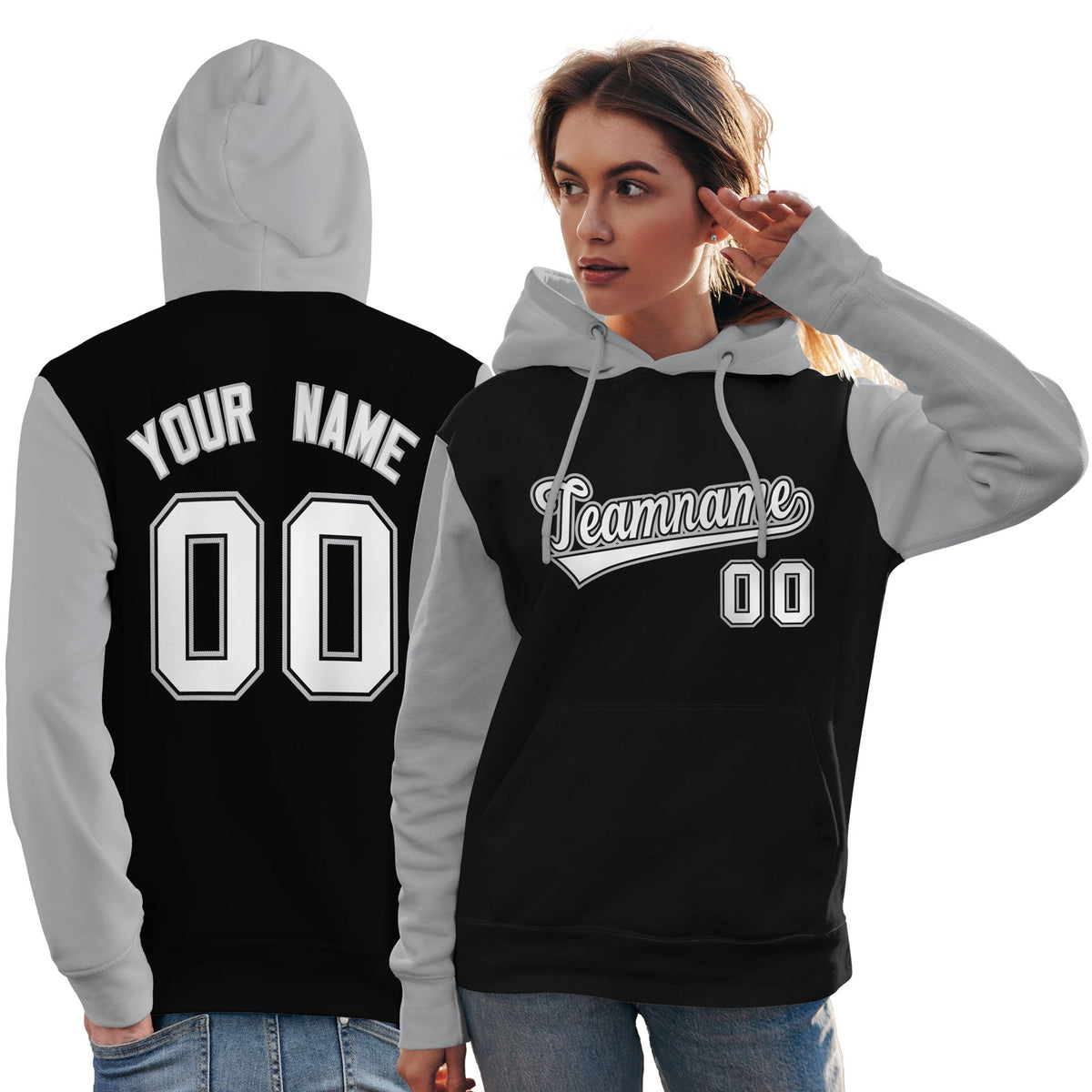 Custom Black White-Gray Raglan Sleeves Pullover Personalized Team Sweatshirt Hoodie| KXKSHOP