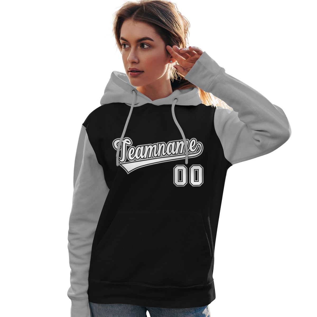 Custom Black White-Gray Raglan Sleeves Pullover Personalized Team Sweatshirt Hoodie| KXKSHOP