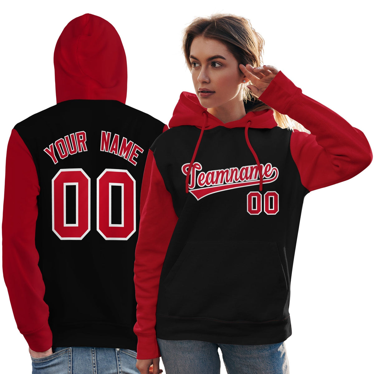 Custom Black Red-White Raglan Sleeves Pullover Personalized Team Sweatshirt Hoodie| KXKSHOP