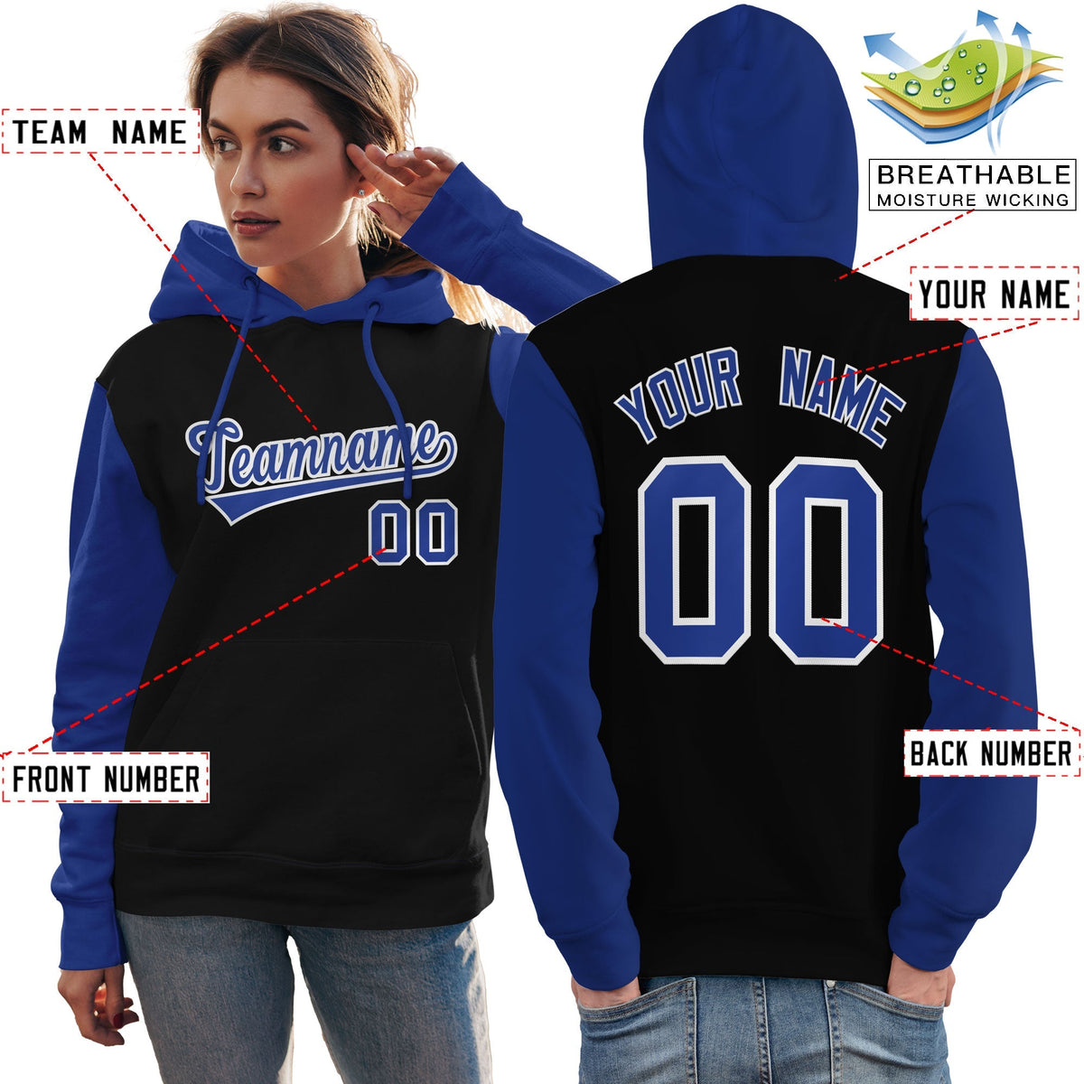 Custom Black Royal-White Raglan Sleeves Pullover Personalized Team Sweatshirt Hoodie| KXKSHOP