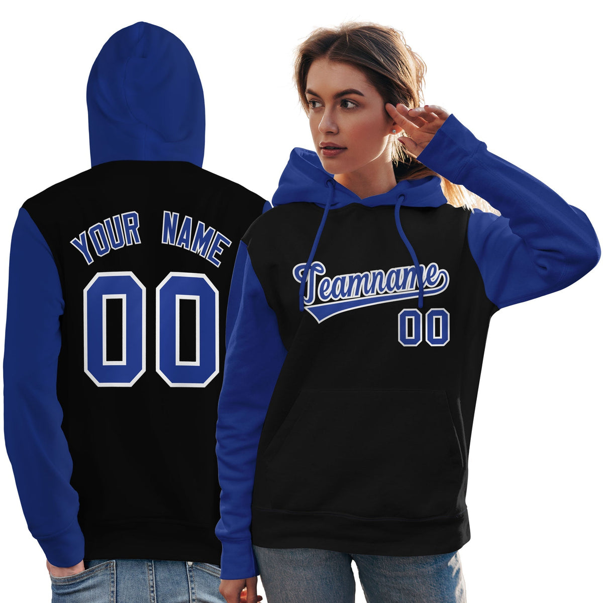 Custom Black Royal-White Raglan Sleeves Pullover Personalized Team Sweatshirt Hoodie| KXKSHOP