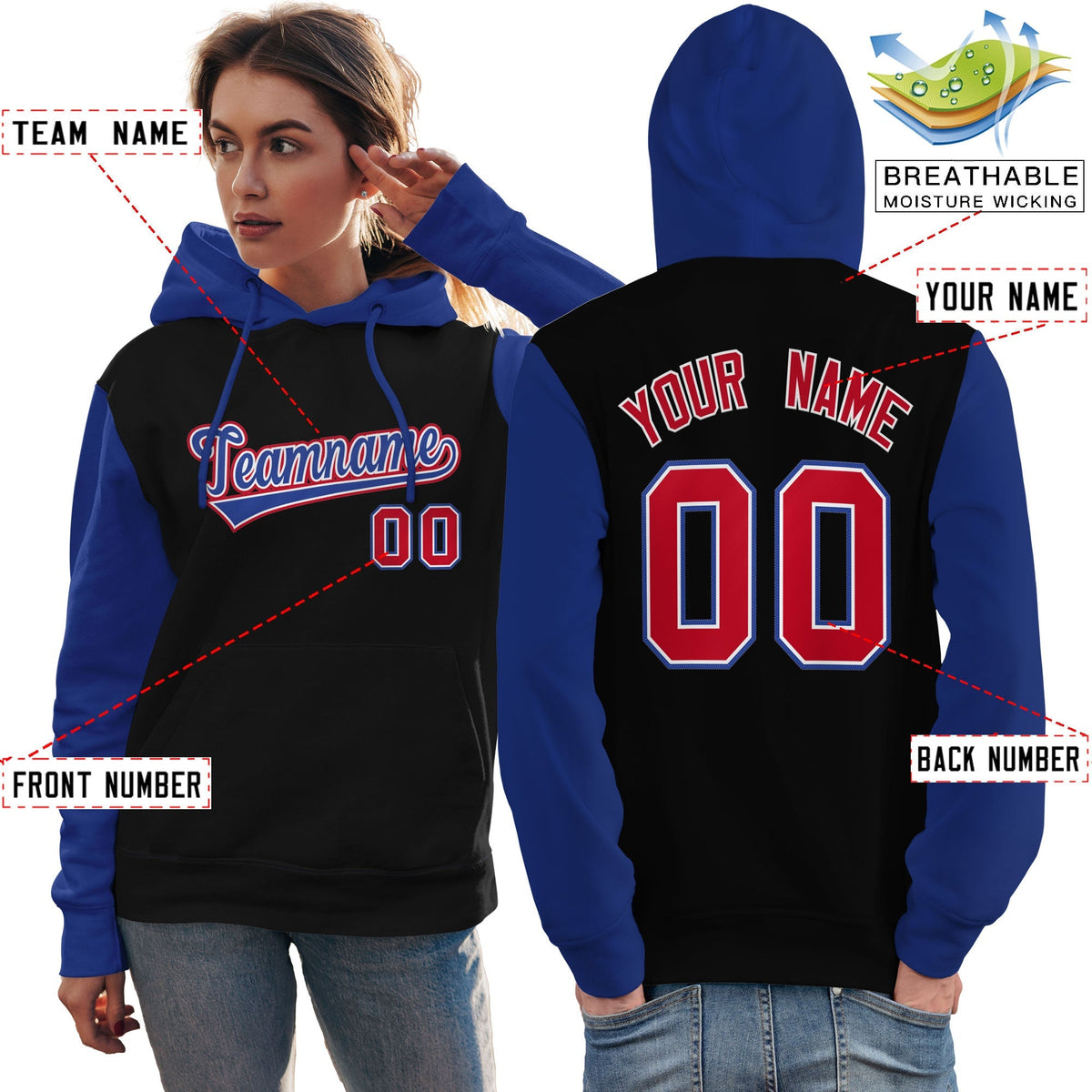 Custom Black Royal-Red Raglan Sleeves Pullover Personalized Team Sweatshirt Hoodie| KXKSHOP